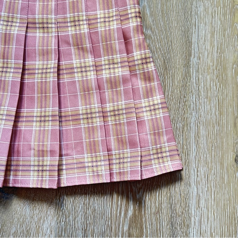 Plaid Pink Yellow Pleated Skirt Built In Shorts Skort Retro Schoolgirl Academia - Picture 3 of 11